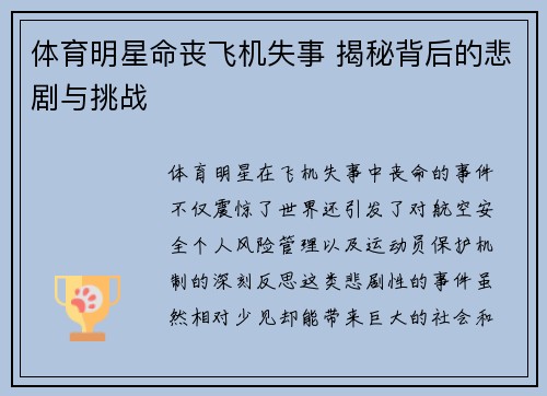 体育明星命丧飞机失事 揭秘背后的悲剧与挑战