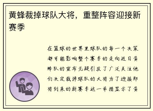 黄蜂裁掉球队大将，重整阵容迎接新赛季